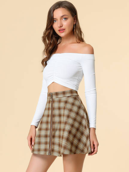 Allegra K- Plaid Zip-Up A-Line Flare Mini Skirt