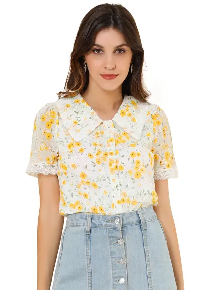 Allegra K - Peter Pan Collar Floral Embroidered Blouse