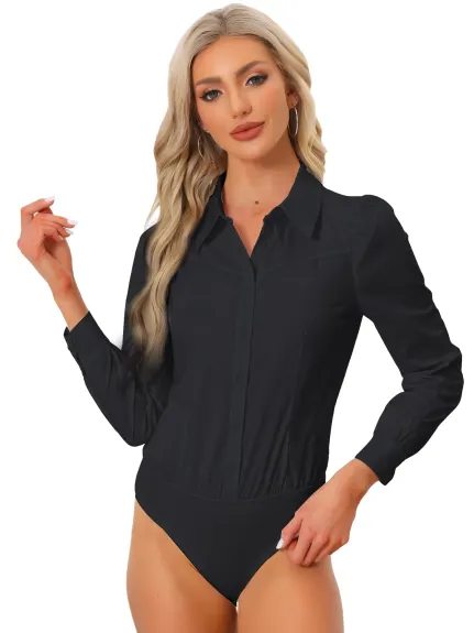 Allegra K- Leotard Collared Button Down Bodysuit