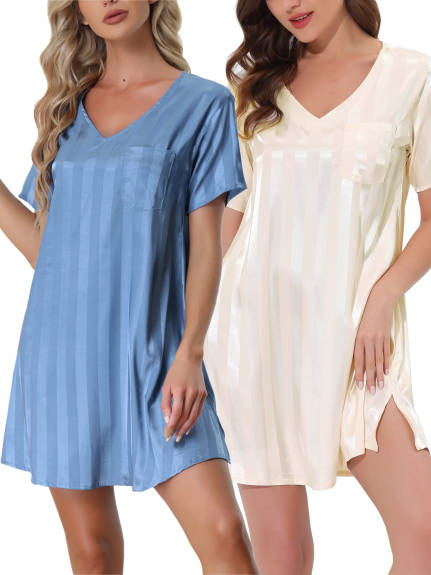 cheibear - Striped Satin Summer Nightshirt 2-Pack