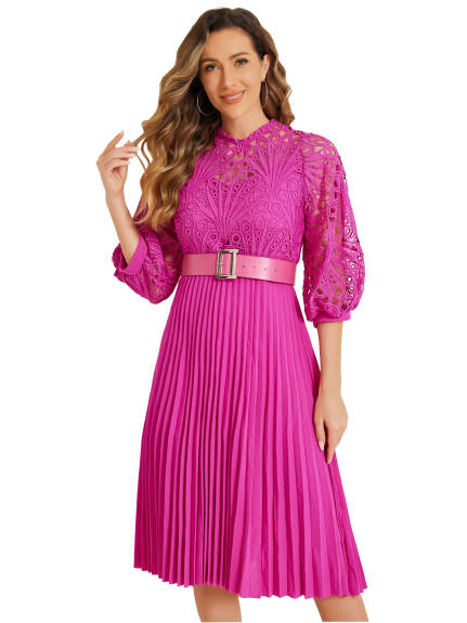 Allegra K- 3/4 Sleeves Belted Pleated Lace Dress