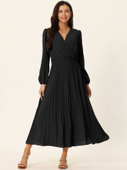 Allegra K- Pleated Puff Long Sleeve V Neck Belt Waist Midi Dress