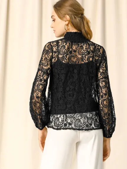 Allegra K- Ruffle Mock Neck Floral Lace Sheer Blouse