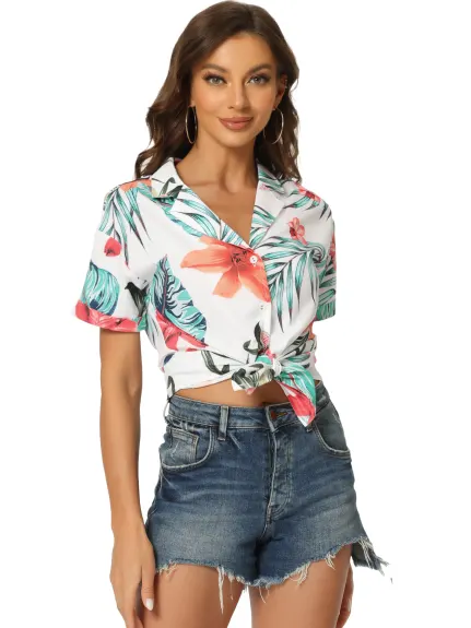 Allegra K - Chemise boutonnée à feuilles florales tropicales de plage