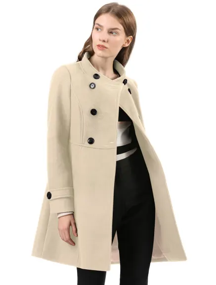 Allegra K- Stand Collar Long Sleeves Double Breasted Coat