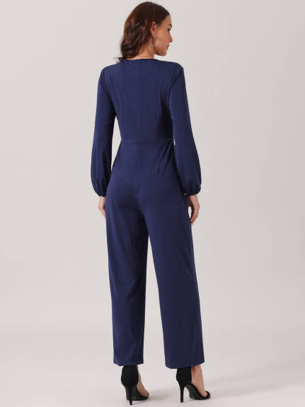 Allegra K - V Neck Long Sleeve Wide Leg Jumpsuit