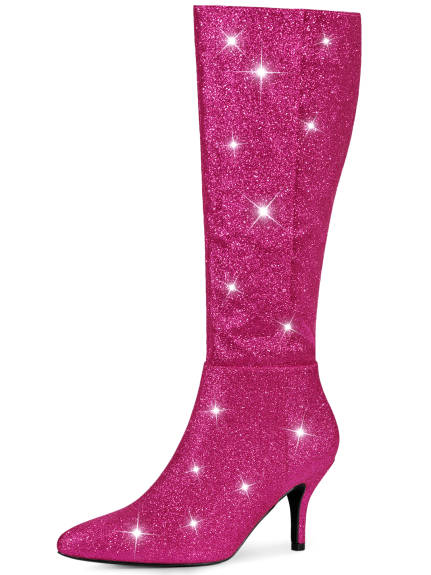 Allegra K - Glitter Stiletto Heel Knee High Boots