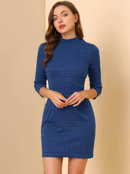 Allegra K- Stand Collar 3/4 Sleeve Plaid Dress