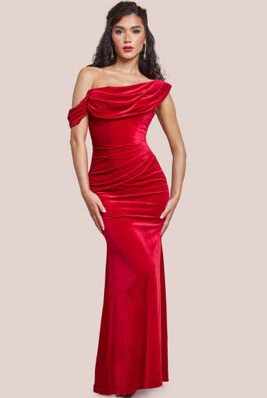 Goddiva - Cowl One Shoulder Velvet Maxi Dress