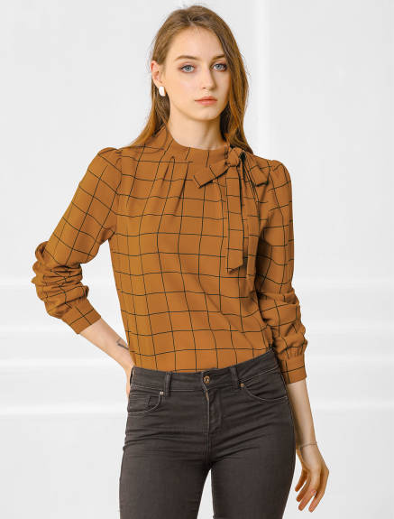 Allegra K- Bow-Tie Neck Blouse Checks Shirt