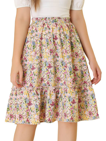 Allegra K- Ruffle Hem Tiered A-Line Floral Midi Skirt