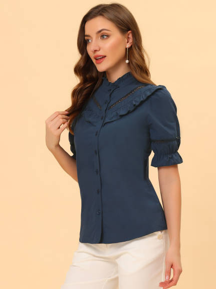 Allegra K - Button Down Cotton Ruffle Neck Shirt