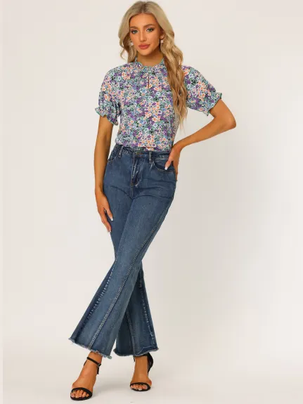 Allegra K- Blouse florale à manches courtes et col à volants