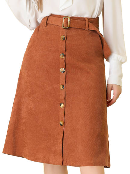 Allegra K - Button Front A-Line Belted Corduroy Skirt