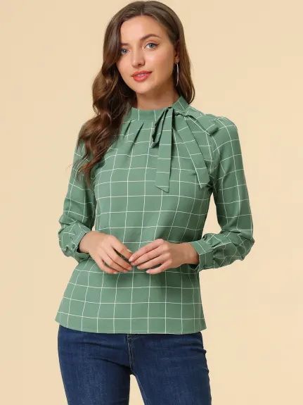 Allegra K- Bow-Tie Neck Blouse Checks Shirt