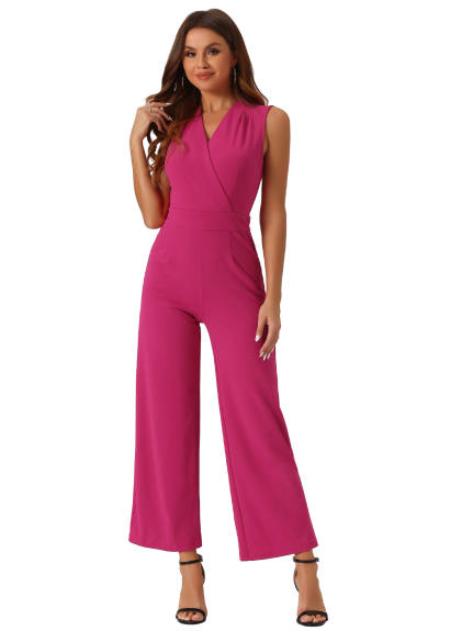 Allegra K - Elegant Wrap V Neck Wide Leg Work Jumpsuit