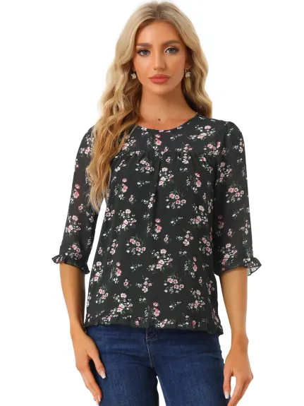 Allegra K- Blouse florale en mousseline à manches 3/4 et à volants