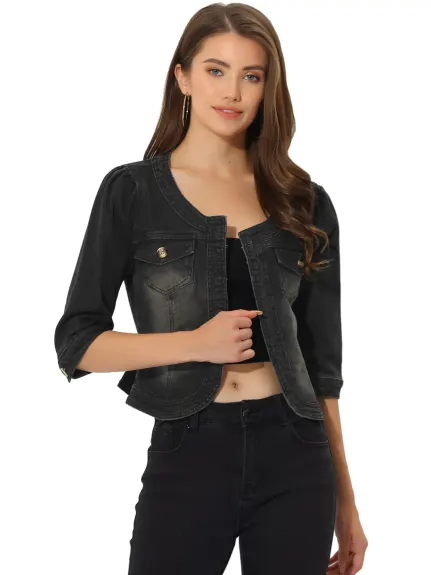 Allegra K- Veste en jean courte sans col, col rond, manches 3/4, ouverte sur le devant