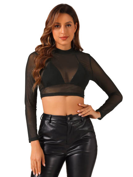 Allegra K- Semi-Sheer Blouse Heart Print Crop Mesh Top