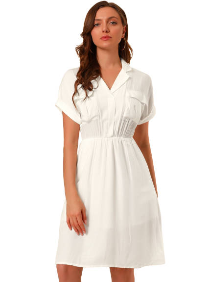 Allegra K- Notched Lapel V-Neck A-Line Shirt Dress