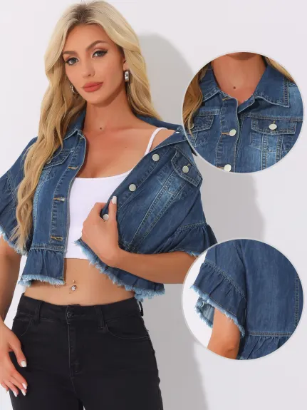 Allegra K- Veste en jean à manches courtes et volants