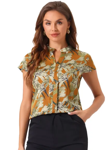 Allegra K- Satin Floral Cap Sleeve Blouse