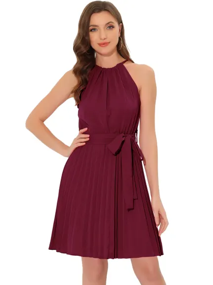 Allegra K- Sleeveless Halter Neck Pleated Dress