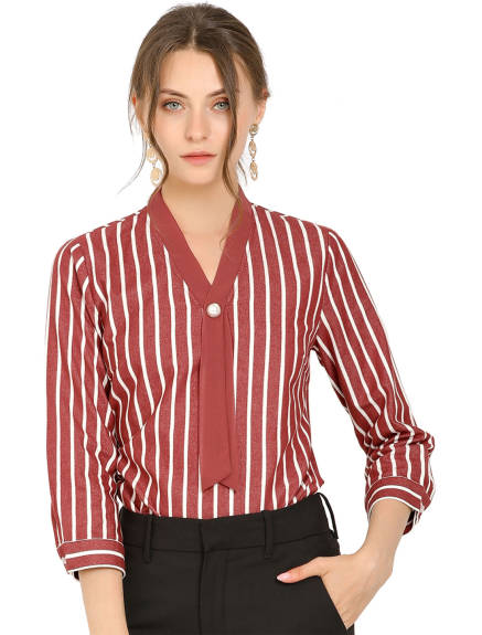 Allegra K - Tie V Neck 3/4 Sleeve Stripe Work Blouse