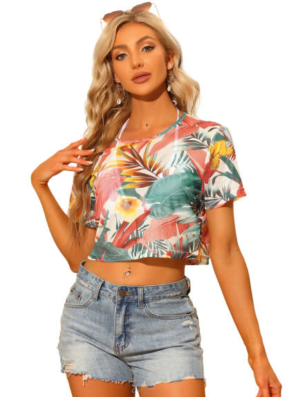 Allegra K - Leaves Print Hawaiian Crop Top