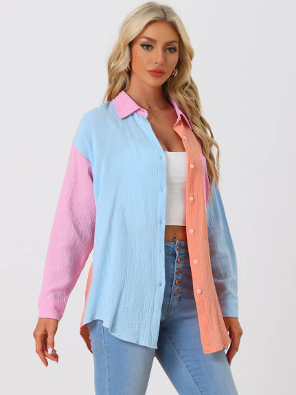 Allegra K- Color Block Button Down Shirt Blouse