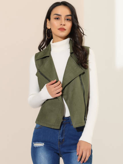 Allegra K - Faux Suede Vest Sleeveless Biker Jacket