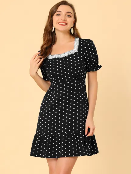 Allegra K- Sweetheart Neck Ruffled Hem Puff Short Sleeve Polka Dots Dress