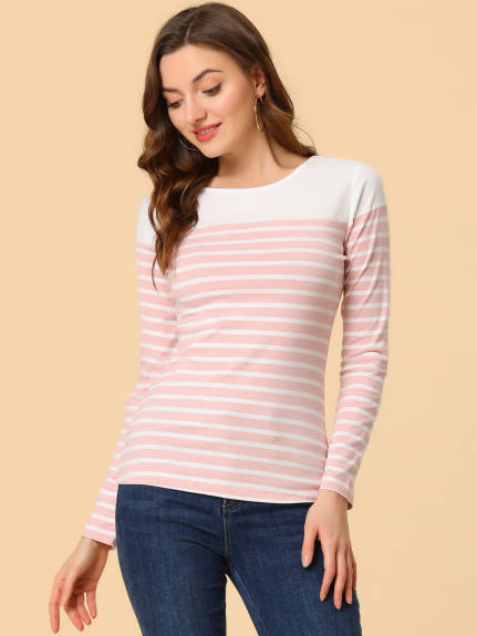 Allegra K- Color Block Long Sleeve Stripe T-Shirt