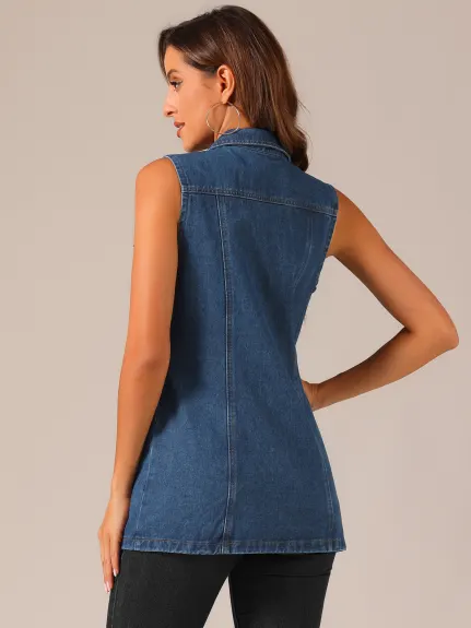 Allegra K- Denim Sleeveless Button Down Long Jean Vest