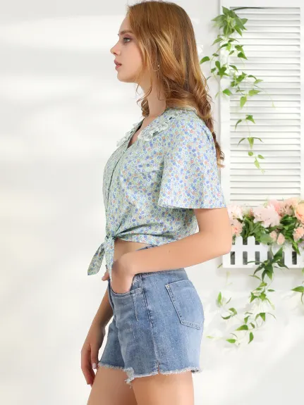 Allegra K - Peter Pan Collar Tie Knot Floral Cropped Top