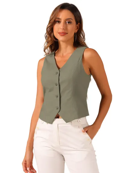 Allegra K- boutonné col V Crop Summer Vest