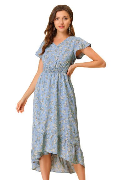 Allegra K- Smocked Floral High Low Maxi Dress