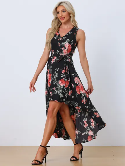 Allegra K - V Neck Floral High Low Maxi Dress