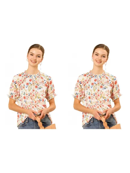 Allegra K- Blouse florale à manches courtes et col à volants