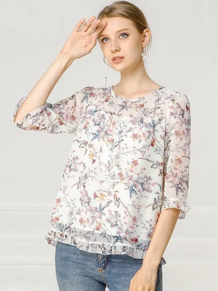 Allegra K- Blouse florale en mousseline à manches 3/4 et à volants