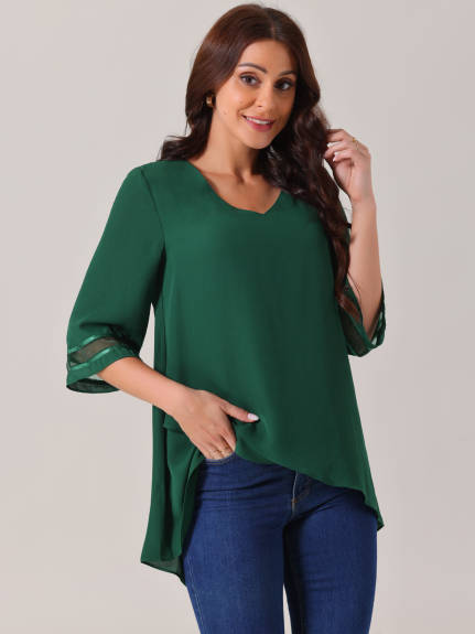 Allegra K - V Neck 3/4 Sleeve High Low Tunic Top