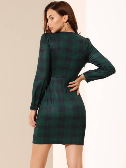 Allegra K- Square Neck Long Puff Sleeve Mini Plaid Dress