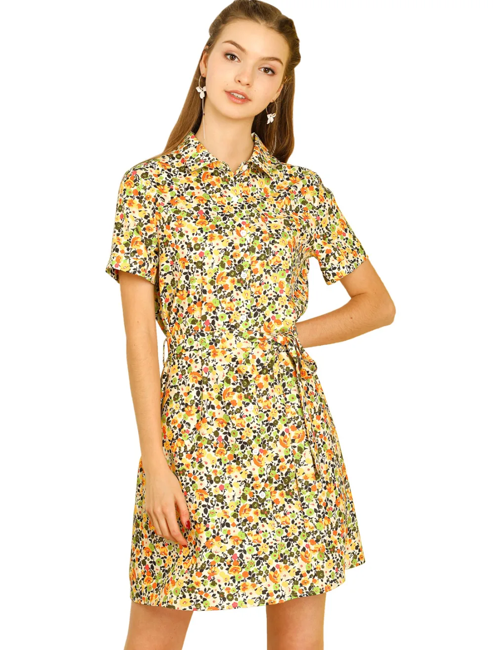 Allegra K- Floral Button Down Belted Shirt Dress