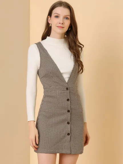 Allegra K- Overalls V-Neck Plaid Houndstooth Pinafore Dress