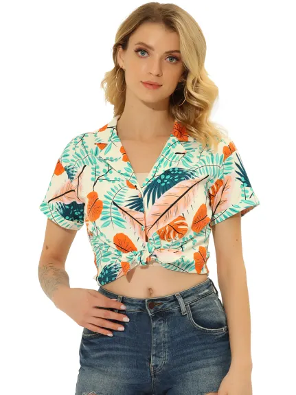 Allegra K- Beach Tropical Floral Leaves Button Down Shirt