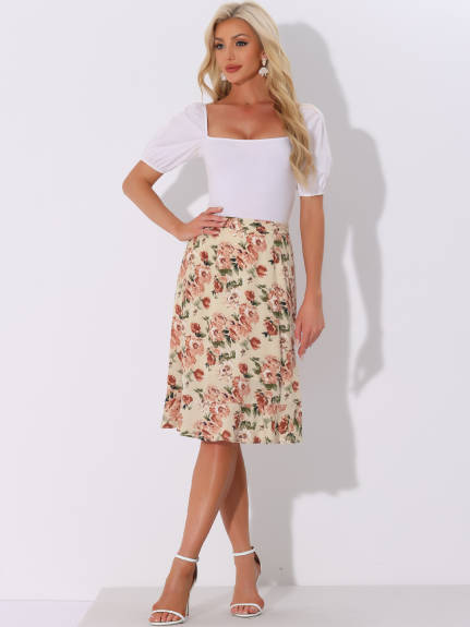 Allegra K- Floral Ruffle A-Line Split Midi Skirt