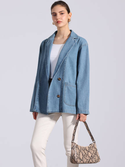 Allegra K - Notched Lapel Oversized Denim Blazer Jacket