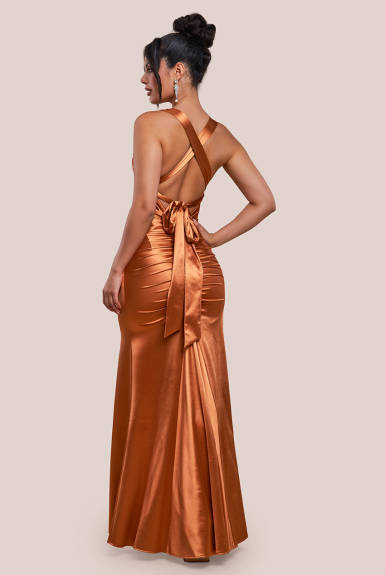 Goddiva - Multi Tied Satin Gathered Ring Maxi Dress