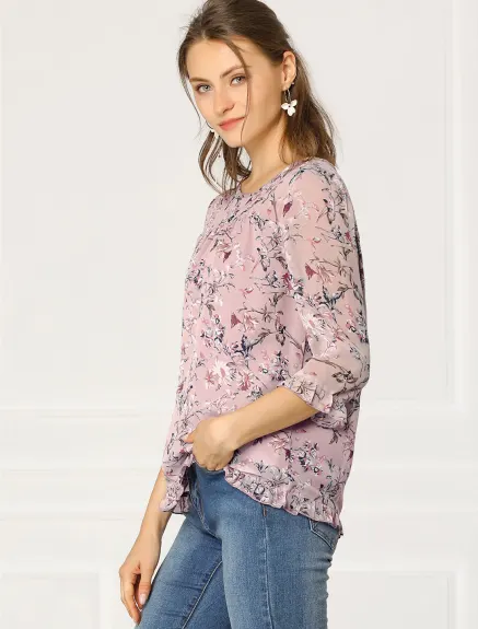 Allegra K- Floral Ruffled 3/4 Sleeve Chiffon Blouse