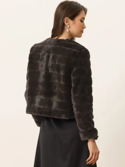 Allegra K- Cropped Collarless Faux Fur Fluffy Coat Jacket